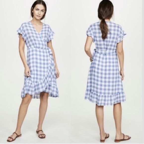 RAILS Brigitte Periwinkle Check Wrap Style Dress Ruffle Linen Blend‎ Size Small - Picture 1 of 11